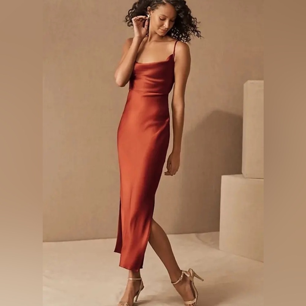 BHLDN Cali Satin Cowl-Neck Midi Slip Dress in rosabel sz 4